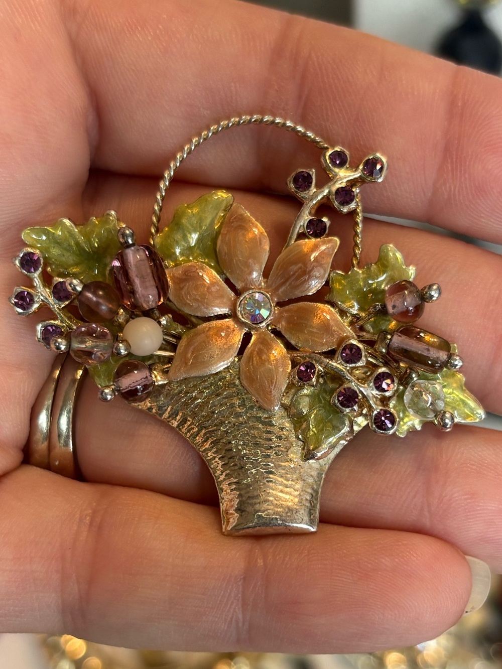 Vintage KC Flower Basket Rhinestone Brooch Pin